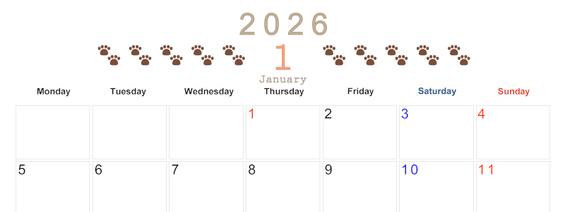 2026年1月カレンダーは横型月曜始まりで猫の自由きままな足あとがおしゃれかわいいデザインなのでおすすめ：無料(2026-01230101)