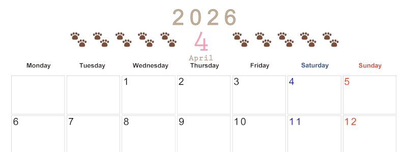 2026年4月カレンダーは横型月曜始まりで猫の自由きままな足あとがおしゃれかわいいデザインなのでおすすめ：無料(2026-01230401)