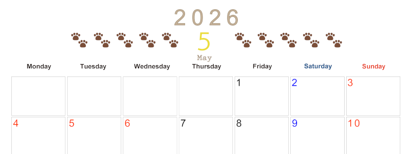2026年5月カレンダーは横型月曜始まりで猫の自由きままな足あとがおしゃれかわいいデザインなのでおすすめ：無料(2026-01230501)