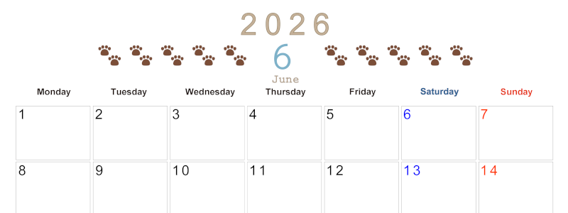 2026年6月カレンダーは横型月曜始まりで猫の自由きままな足あとがおしゃれかわいいデザインなのでおすすめ：無料(2026-01230601)