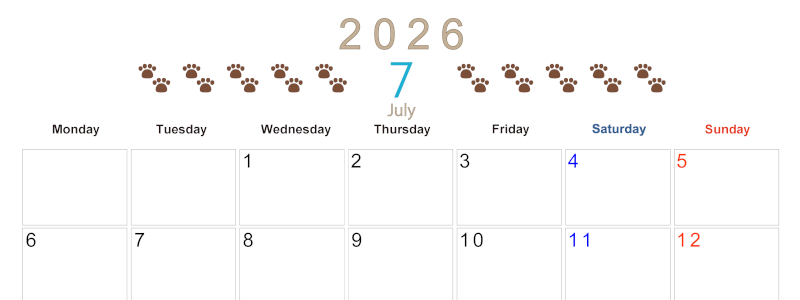 2026年7月カレンダーは横型月曜始まり で猫の自由きままな足あとがおしゃれかわいいデザインなのでおすすめ：無料(2026-01230701)