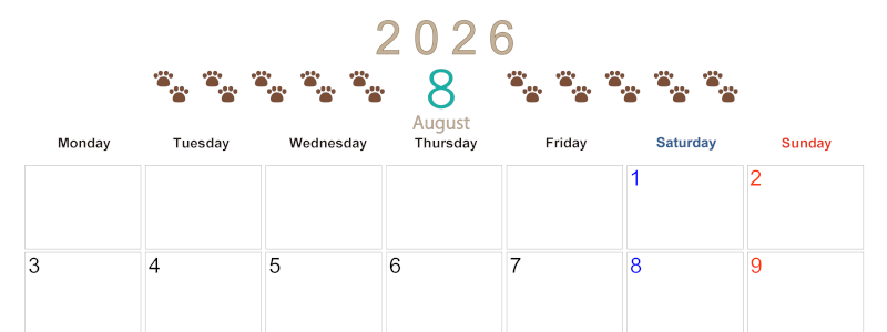 2026年8月カレンダーは横型月曜始まりで猫の自由きままな足あとがおしゃれかわいいデザインなのでおすすめ：無料(2026-01230801)