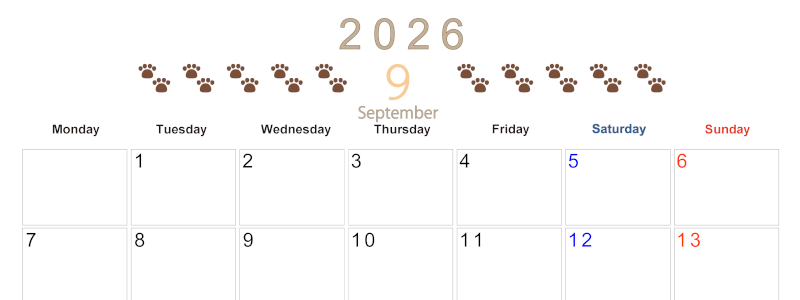 2026年9月カレンダーは横型月曜始まりで猫の自由きままな足あとがおしゃれかわいいデザインなのでおすすめ：無料(2026-01230901)