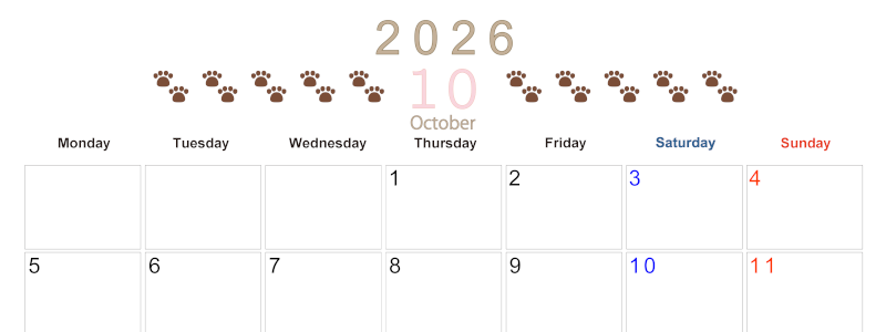 2026年10月カレンダーは横型月曜始まりで猫の自由きままな足あとがおしゃれかわいいデザインなのでおすすめ：無料(2026-01231001)