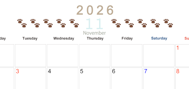 2026年11月カレンダーは横型月曜始まりで猫の自由きままな足あとがおしゃれかわいいデザインなのでおすすめ：無料(2026-01231101)