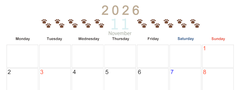 2026年11月カレンダーは横型月曜始まりで猫の自由きままな足あとがおしゃれかわいいデザインなのでおすすめ：無料(2026-01231101)