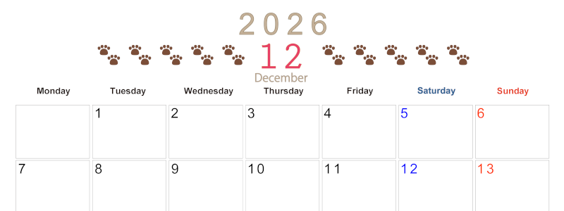 2026年12月カレンダーは横型月曜始まりで猫の自由きままな足あとがおしゃれかわいいデザインなのでおすすめ：無料(2026-01231201)
