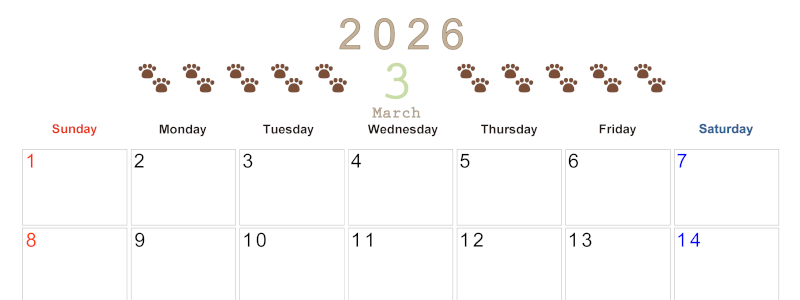 2026年3月カレンダーは横型日曜始まりで猫の自由きままな足あとがおしゃれかわいいデザインなのでおすすめ：無料(2026-01230300)