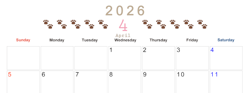 2026年4月カレンダーは横型日曜始まりで猫の自由きままな足あとがおしゃれかわいいデザインなのでおすすめ：無料(2026-01230400)
