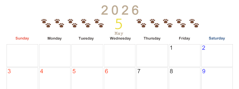 2026年5月カレンダーは横型日曜始まりで猫の自由きままな足あとがおしゃれかわいいデザインなのでおすすめ：無料(2026-01230500)