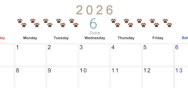 2026年6月カレンダーは横型日曜始まりで猫の自由きままな足あとがおしゃれかわいいデザインなのでおすすめ：無料(2026-01230600)