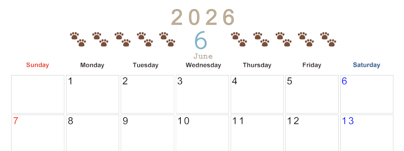 2026年6月カレンダーは横型日曜始まりで猫の自由きままな足あとがおしゃれかわいいデザインなのでおすすめ：無料(2026-01230600)