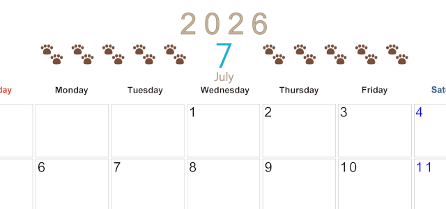 2026年7月カレンダーは横型日曜始まりで猫の自由きままな足あとがおしゃれかわいいデザインなのでおすすめ：無料(2026-01230700)