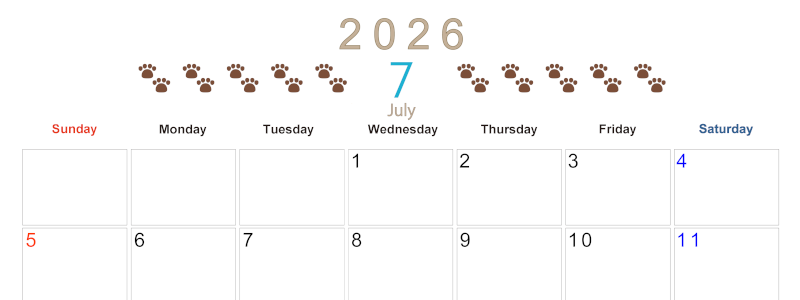 2026年7月カレンダーは横型日曜始まりで猫の自由きままな足あとがおしゃれかわいいデザインなのでおすすめ：無料(2026-01230700)