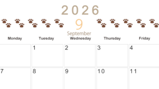 2026年9月カレンダーは横型日曜始まりで猫の自由きままな足あとがおしゃれかわいいデザインなのでおすすめ：無料(2026-01230900)