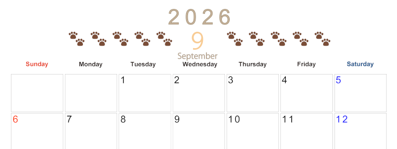 2026年9月カレンダーは横型日曜始まりで猫の自由きままな足あとがおしゃれかわいいデザインなのでおすすめ：無料(2026-01230900)