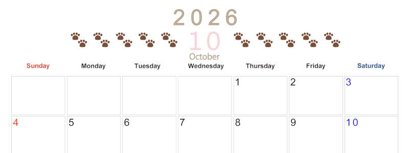 2026年10月カレンダーは横型日曜始まりで猫の自由きままな足あとがおしゃれかわいいデザインなのでおすすめ：無料(2026-01231000)