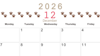 2026年12月カレンダーは横型日曜始まりで猫の自由きままな足あとがおしゃれかわいいデザインなのでおすすめ：無料(2026-01231200)