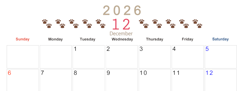 2026年12月カレンダーは横型日曜始まりで猫の自由きままな足あとがおしゃれかわいいデザインなのでおすすめ：無料(2026-01231200)