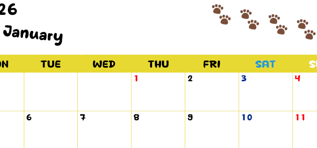 2026年1月カレンダーは横型月曜始まりで無料！ねこのベージュぷにぷに肉球イラストがほっこりかわいい！(2026-01240101)