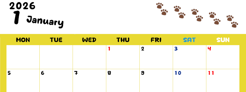 2026年1月カレンダーは横型月曜始まりで無料！ねこのベージュぷにぷに肉球イラストがほっこりかわいい！(2026-01240101)