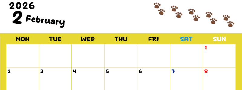 2026年2月カレンダーは横型月曜始まりで無料！ねこのベージュぷにぷに肉球イラストがほっこりかわいい！(2026-01240201)