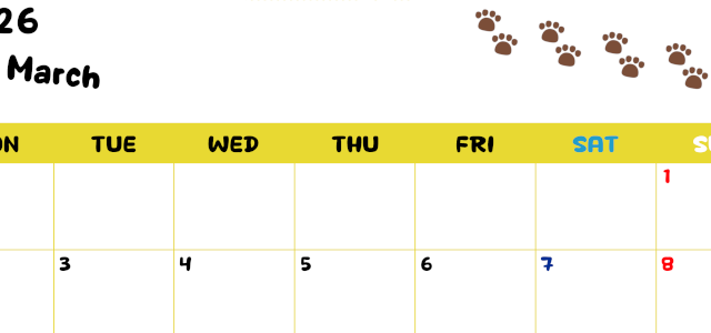 2026年3月カレンダーは横型月曜始まりで無料！ねこのベージュぷにぷに肉球イラストがほっこりかわいい！(2026-01240301)