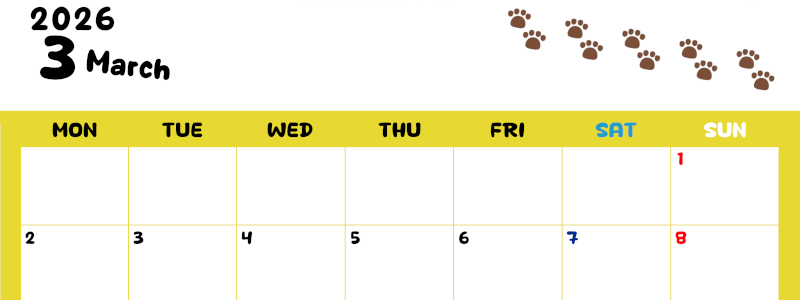 2026年3月カレンダーは横型月曜始まりで無料！ねこのベージュぷにぷに肉球イラストがほっこりかわいい！(2026-01240301)