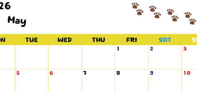 2026年5月カレンダーは横型月曜始まりで無料！ねこのベージュぷにぷに肉球イラストがほっこりかわいい！(2026-01240501)