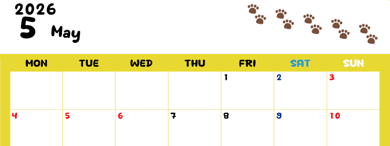 2026年5月カレンダーは横型月曜始まりで無料！ねこのベージュぷにぷに肉球イラストがほっこりかわいい！(2026-01240501)