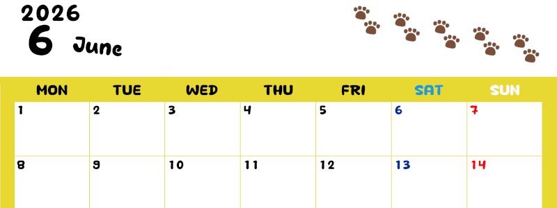 2026年6月カレンダーは横型月曜始まりで無料！ねこのベージュぷにぷに肉球イラストがほっこりかわいい！(2026-01240601)
