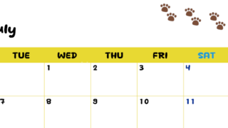 2026年7月カレンダーは横型月曜始まり で猫の自由きままな足あとがおしゃれかわいいデザインなのでおすすめ：無料(2026-01240701)