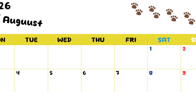 2026年8月カレンダーは横型月曜始まりで無料！ねこのベージュぷにぷに肉球イラストがほっこりかわいい！(2026-01240801)