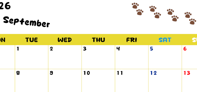 2026年9月カレンダーは横型月曜始まりで無料！ねこのベージュぷにぷに肉球イラストがほっこりかわいい！(2026-01240901)