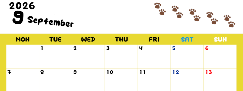 2026年9月カレンダーは横型月曜始まりで無料！ねこのベージュぷにぷに肉球イラストがほっこりかわいい！(2026-01240901)