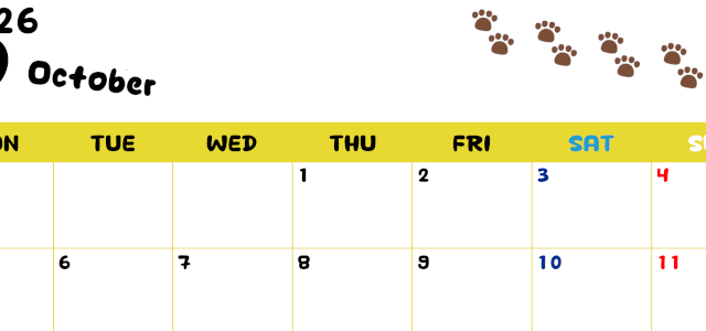 2026年10月カレンダーは横型月曜始まりで無料！ねこのベージュぷにぷに肉球イラストがほっこりかわいい！(2026-01241001)