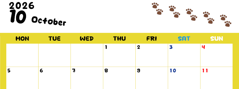 2026年10月カレンダーは横型月曜始まりで無料！ねこのベージュぷにぷに肉球イラストがほっこりかわいい！(2026-01241001)