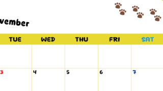 2026年11月カレンダーは横型月曜始まりで無料！ねこのベージュぷにぷに肉球イラストがほっこりかわいい！(2026-01241101)