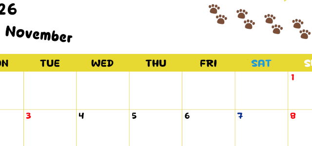2026年11月カレンダーは横型月曜始まりで無料！ねこのベージュぷにぷに肉球イラストがほっこりかわいい！(2026-01241101)