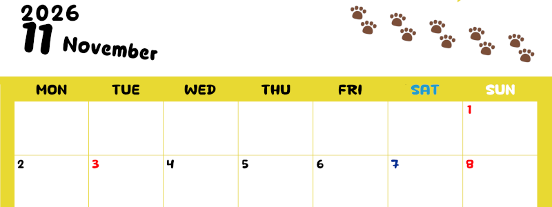 2026年11月カレンダーは横型月曜始まりで無料！ねこのベージュぷにぷに肉球イラストがほっこりかわいい！(2026-01241101)