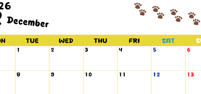 2026年12月カレンダーは横型月曜始まりで無料！ねこのベージュぷにぷに肉球イラストがほっこりかわいい！(2026-01241201)
