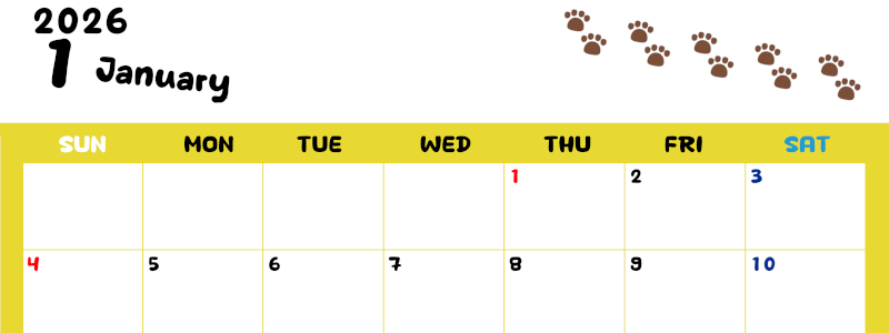 2026年1月カレンダーは横型日曜始まりで無料！ねこのベージュぷにぷに肉球イラストがほっこりかわいい！(2026-01240100)