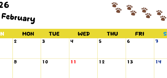 2026年2月カレンダーは横型日曜始まりで無料！ねこのベージュぷにぷに肉球イラストがほっこりかわいい！(2026-01240200)
