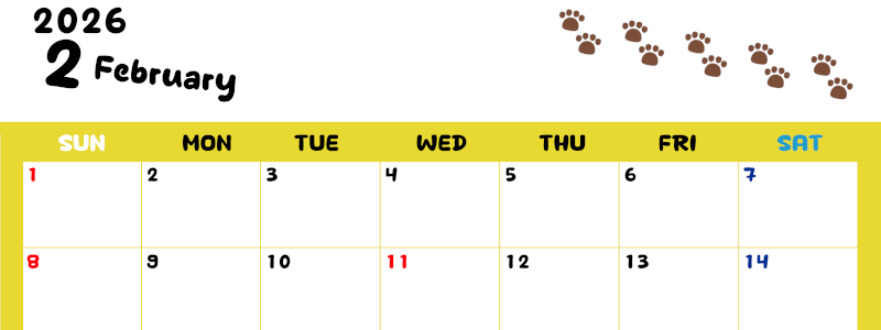 2026年2月カレンダーは横型日曜始まりで無料！ねこのベージュぷにぷに肉球イラストがほっこりかわいい！(2026-01240200)
