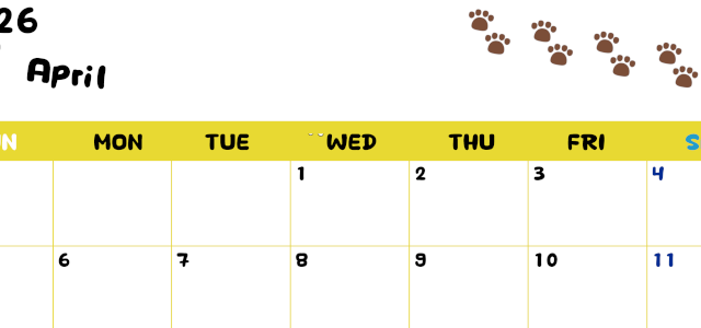 2026年4月カレンダーは横型日曜始まりで無料！ねこのベージュぷにぷに肉球イラストがほっこりかわいい！(2026-01240400)