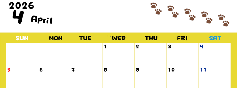 2026年4月カレンダーは横型日曜始まりで無料！ねこのベージュぷにぷに肉球イラストがほっこりかわいい！(2026-01240400)