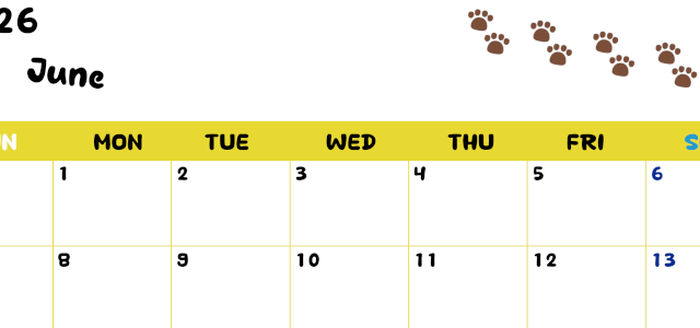 2026年6月カレンダーは横型日曜始まりで無料！ねこのベージュぷにぷに肉球イラストがほっこりかわいい！(2026-01240600)