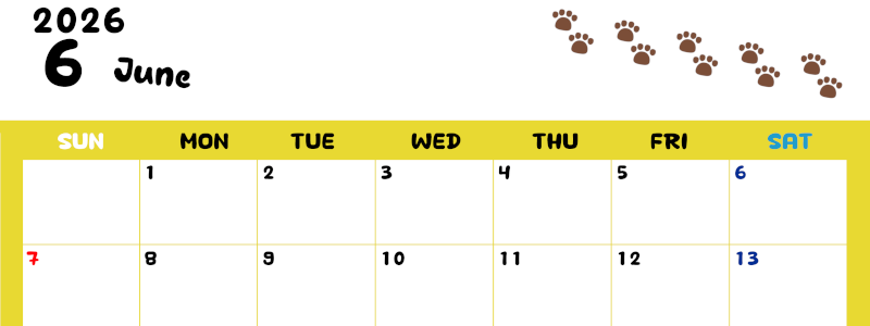 2026年6月カレンダーは横型日曜始まりで無料！ねこのベージュぷにぷに肉球イラストがほっこりかわいい！(2026-01240600)