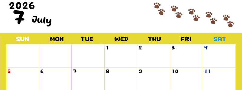 2026年7月カレンダーは横型日曜始まりで無料！ねこのベージュぷにぷに肉球イラストがほっこりかわいい！(2026-01240700)