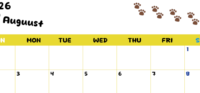 2026年8月カレンダーは横型日曜始まりで無料！ねこのベージュぷにぷに肉球イラストがほっこりかわいい！(2026-01240800)